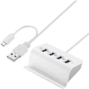 A white USB hub with five ports and a connecting cable, designed for device connectivity.
