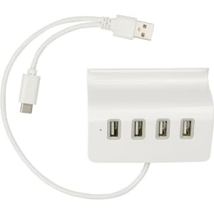 A white USB hub with four ports and a connecting cable. It has a smooth, curved design.