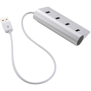 A silver USB hub with four ports and a connected USB cable. It features a slim, modern design and has a logo.
