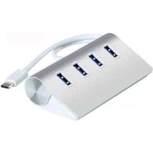 A USB hub with a sleek white design featuring four ports and a connecting cable. It includes a logo on the surface.