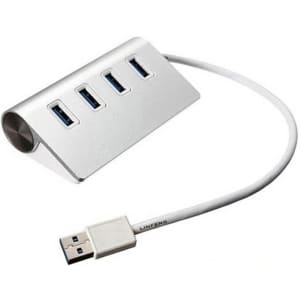 A silver USB hub with four ports and a connecting cable, featuring a sleek, angled design.