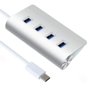 A silver USB hub with four ports and a connected white cable. It features a sleek, modern design.