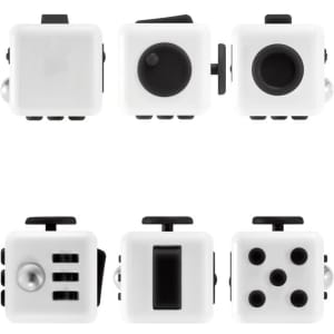 A white fidget cube featuring various tactile sides, including buttons, switches, and dials, with black accents.