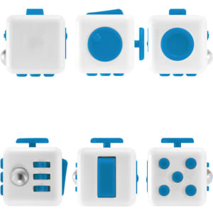 A white fidget cube with blue buttons and switches, featuring various tactile elements on each side.