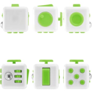 A fidget cube featuring a white body with bright green accents, showcasing various tactile buttons and switches.