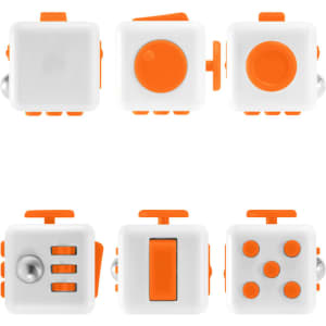 A fidget cube in white and orange, featuring various tactile buttons and switches for sensory play.