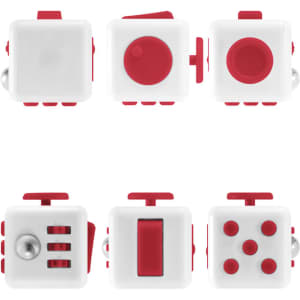 A white fidget cube with red buttons and features, including switches and a ball, for tactile stimulation.
