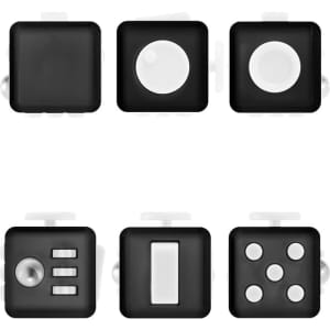 A Fidget Cube in black featuring various tactile buttons and switches for versatile sensory engagement.