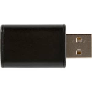 A black USB data blocker with a metallic connector on one end. It features a sleek, cylindrical design.