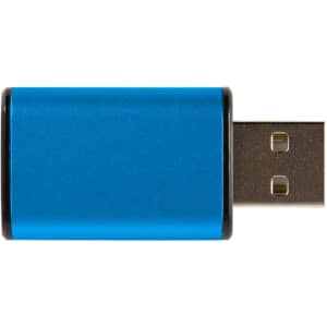 A blue metal USB data blocker with a USB connector, featuring a sleek design.