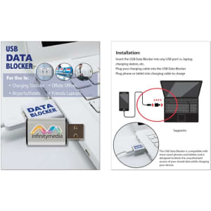 A metal USB data blocker in white and blue with a USB plug for charging without data transfer.