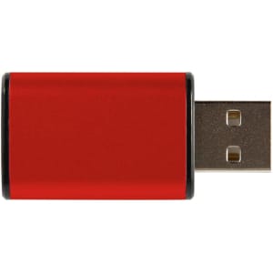 A red USB data blocker with a metal casing and a USB connector.