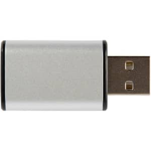 A silver USB data blocker with a metal casing and a black trim. It features a standard USB connection.