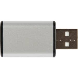 A metal USB data blocker in silver with black accents, featuring a standard USB connector.