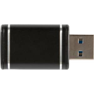 A black USB data blocker with silver accents, featuring a standard USB connector.