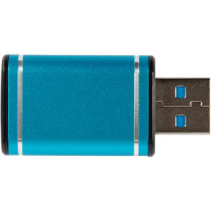 A blue USB data blocker with metallic accents, featuring a USB connector at one end. It has a simple design and a logo.