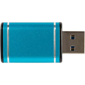 A metallic blue USB data blocker with silver detailing. It features a standard USB connector.