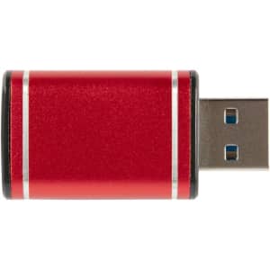 A red USB data blocker with metallic accents and a USB 3.0 connector. It features a sleek, cylindrical design.