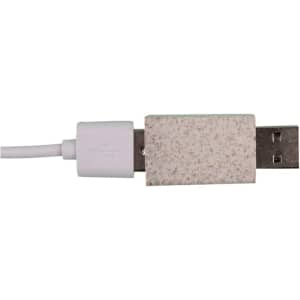 A USB data blocker in a cream and beige colour, featuring a white cable and a logo on the device.