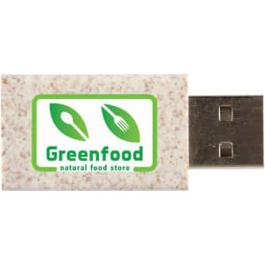 A USB data blocker featuring a wheat straw design with green branding and a metallic connector.