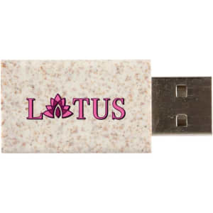 A USB data blocker with a textured, beige wheat straw design featuring a logo on the surface.