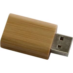 A wooden USB data blocker with a smooth finish in a light brown shade, featuring a metallic USB connector.