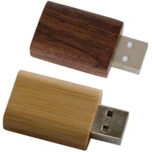 A USB data blocker in wood, featuring a bamboo design and a darker wood finish, with a silver USB connector.