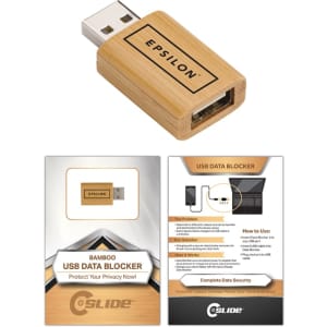 A wooden USB data blocker with a bamboo finish and a logo, packaged with an instructional card.