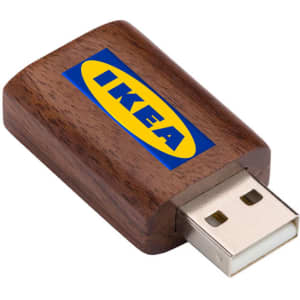 A USB data blocker with a wooden finish and a logo. It has a standard USB connector.