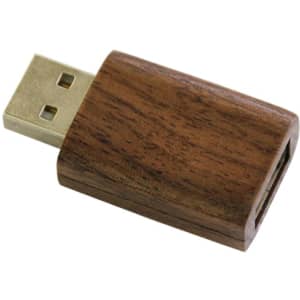 A wooden USB data blocker featuring a gold USB connector, showcasing a sleek and natural finish.