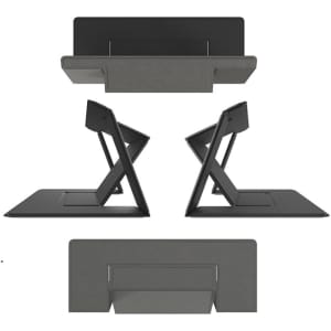 A sleek, black ultra slim laptop stand displayed from various angles, showcasing its compact design and an understated logo.