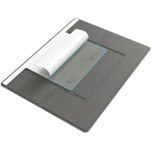 A grey laptop stand with a translucent platform and a removable cover, featuring sections for stability and support.