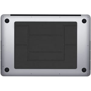 A laptop stand in silver and black with a sleek design, featuring a textured base and rounded corners.