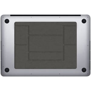 A slim laptop stand with a textured grey surface and a silver metal frame, featuring multiple compartments.