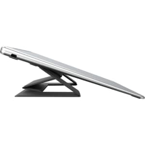 A slim, silver laptop stand with a black base, designed for ergonomic viewing angles. Features a minimalist design and branding.