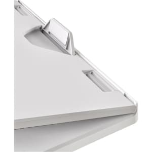 A foldable laptop stand in sleek white, featuring a handle and two openings for easy transport.