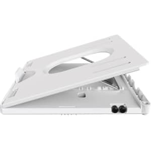 A white foldable laptop stand with an adjustable angle and ventilation holes, featuring a branding logo.