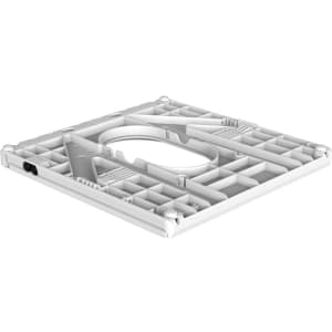 A white foldable laptop stand with a geometric design featuring a cut-out section. It has a logo on the surface.