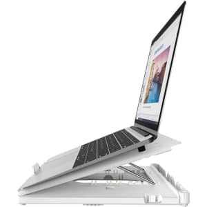 A foldable laptop stand in white, featuring a laptop positioned at an angle on its surface.