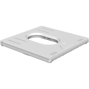 A foldable laptop stand in white, featuring a central cut-out and various grooves for device support.