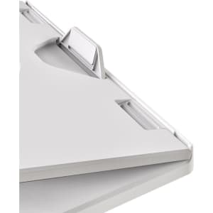 A foldable laptop stand in white with a modern design, featuring an adjustable angle and a logo.