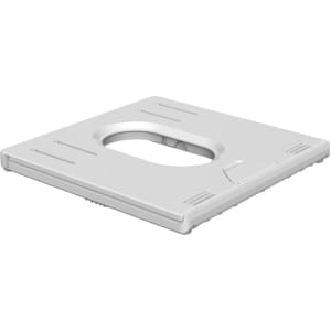 A white foldable laptop stand with a cut-out handle and adjustable features for easy portability.