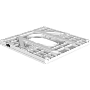 A foldable laptop stand in white with a textured surface and an adjustable angle feature. It has a logo on it.