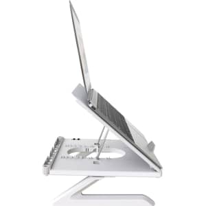A foldable laptop stand in white, designed to elevate a laptop at an adjustable angle.
