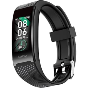 A black smart band with a digital display showing time and other metrics, featuring a textured design and a metal clasp.