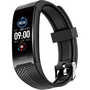 A black smart band with a sleek design, featuring a digital display and a patterned strap, including a logo.