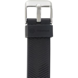 A smart band with a black rubber strap and silver buckle, featuring a logo on the strap.