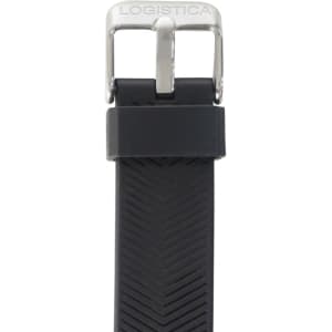 A black smart band with a silver buckle and a textured strap featuring a logo.