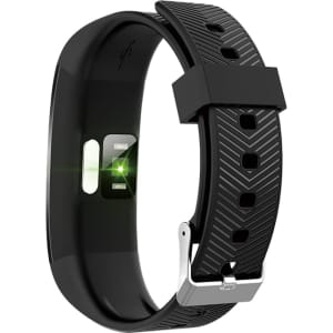 A black smart band with a textured strap, featuring a sensor on the underside and a metallic clasp.