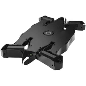 A black foldable drone with a compact design and an integrated propeller. It features a power button and has a logo.